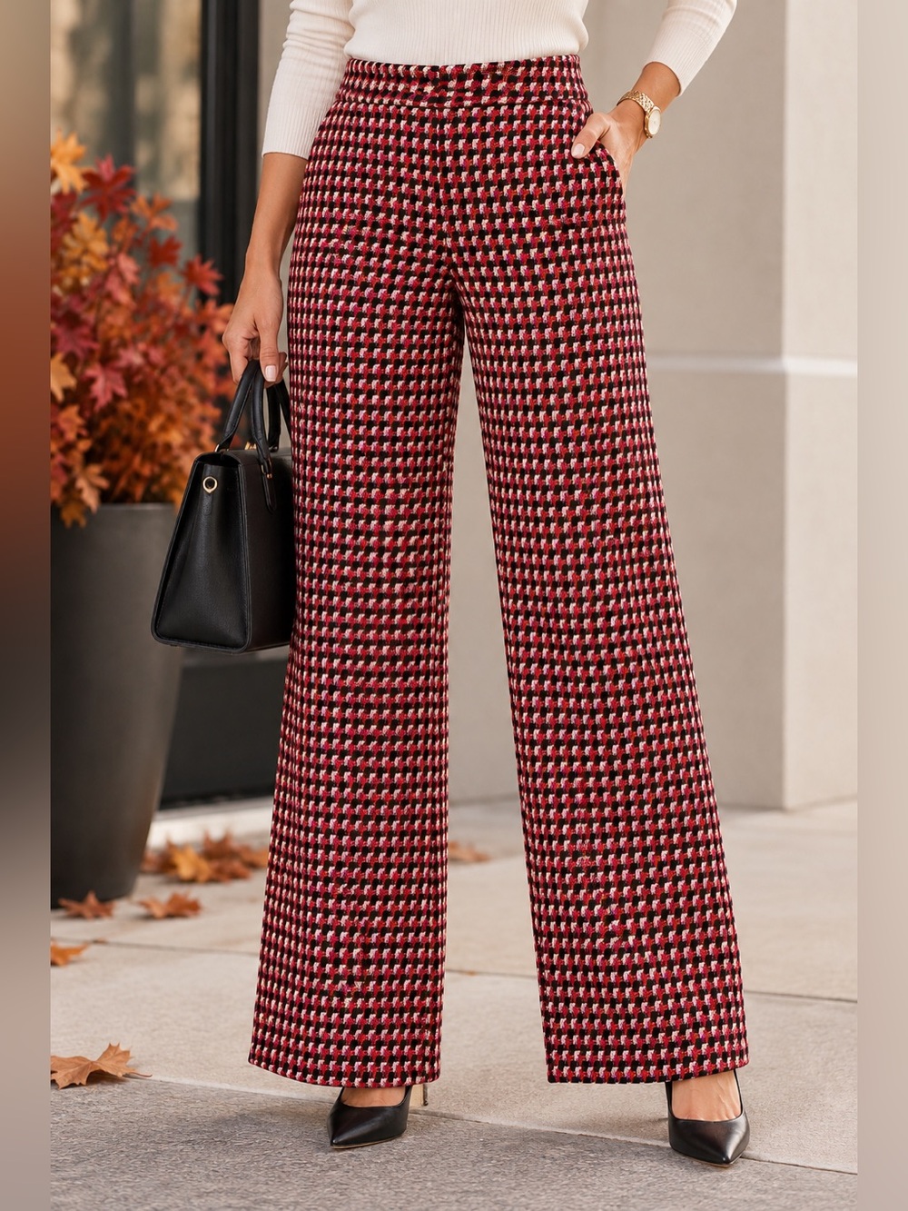 Pretty Garbage Women’s M Red Black Geometric Tweed Wide Leg High Rise Pants NWTe